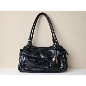 MAXX NEW YORK Women's Purse Black Croc Embossed Leather Shoulder Handbag